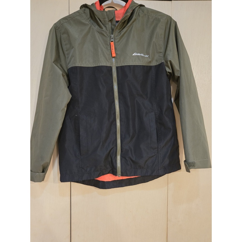 Eddie Bauer Boys Rain Jacket M 10/12 Hooded Windbreaker Black Green